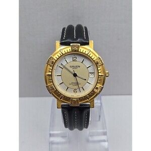Gruen Sport Quartz Date Gold Tone Bezel 3ATM 100FT Mens Watch New Battery Analog